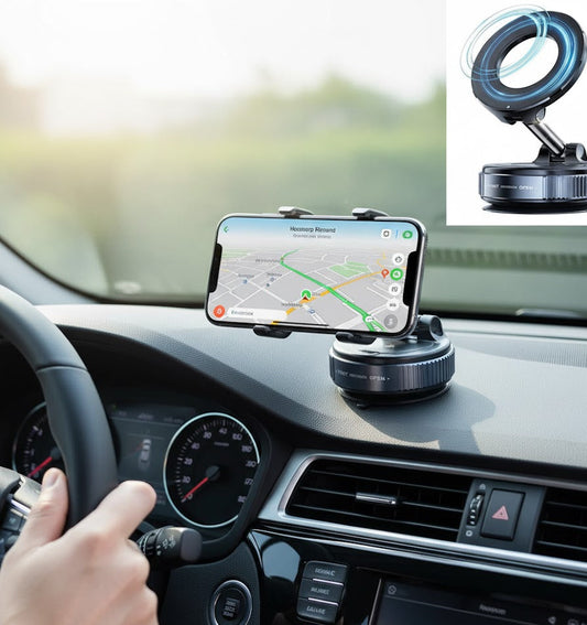 Car dashboard with phone holder displaying a phone with navigation app, inset showing phone holder design.